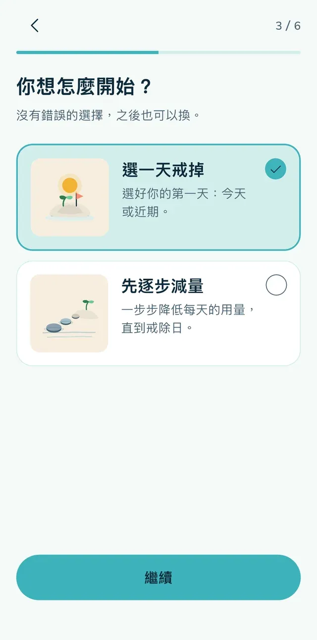 選擇「選一天戒掉」或「先逐步減量」。