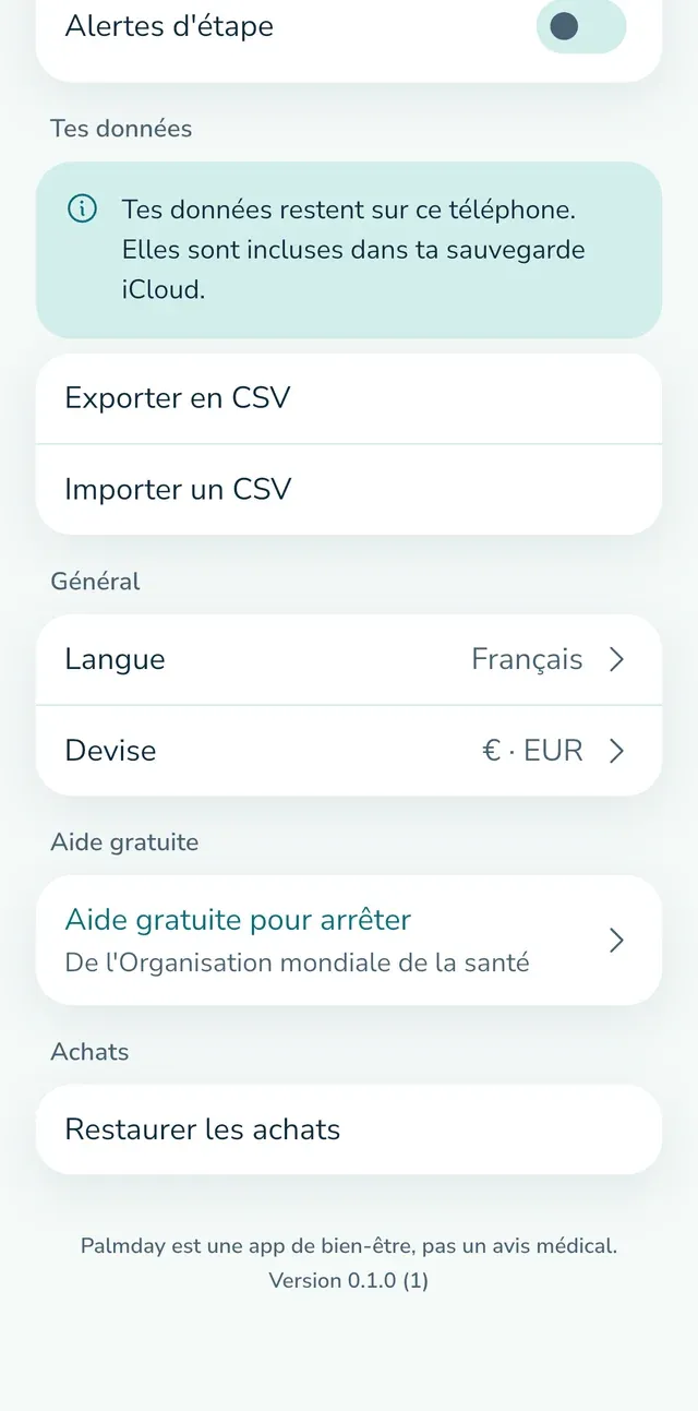Réglages : tes données, export et import.