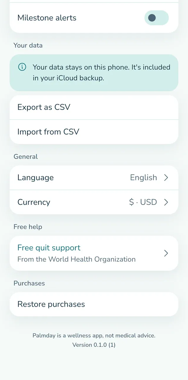Settings: your data, export and import.